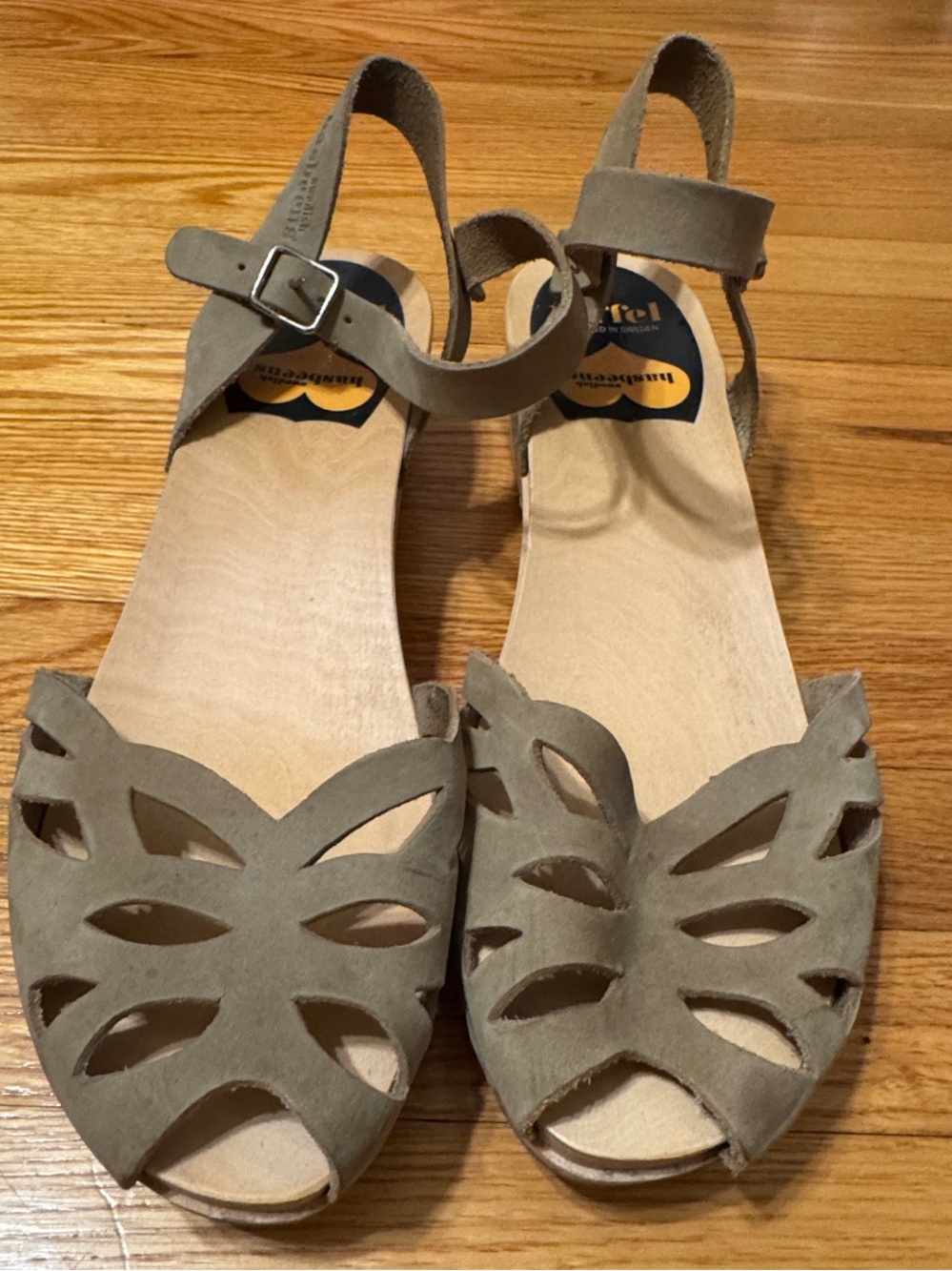 Swedish Hasbeens Olive Green Cutout Wedge Sandals with Ankle Strap